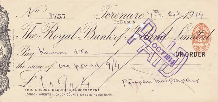 1914 (7 October) Praic MacPiarais (PH Pearse) signed cheque at Whyte's Auctions