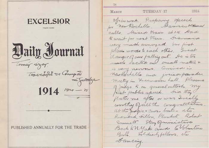 Thomas Ashe (1885-1917) His Diary Account of His Trip to USA in 1914 to Raise Funds for The Gaelic League at Whyte's Auctions