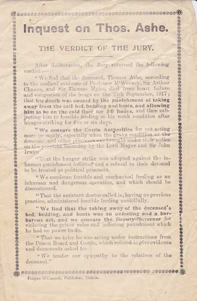 1917. Inquest on Thomas Ashe Handbill at Whyte's Auctions