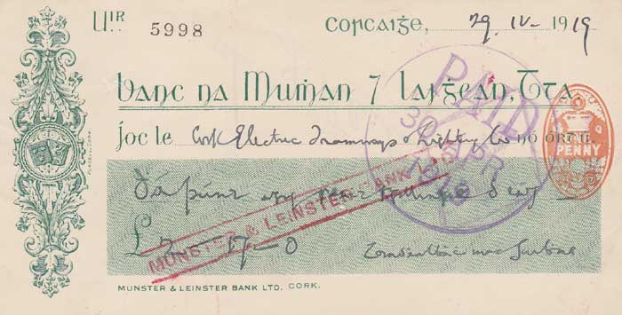 1919 (18 July) Terence MacSwiney signature on a cheque at Whyte's Auctions