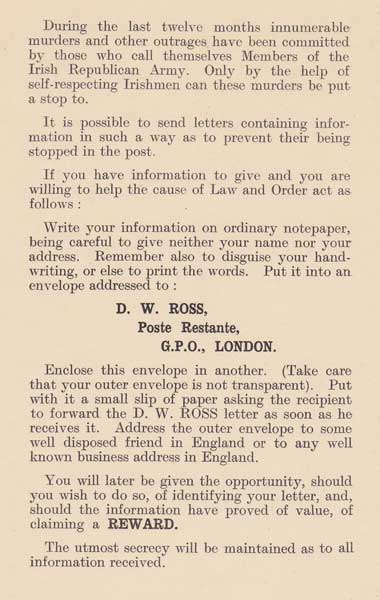 1920. Recruitment of Informers by British Military Intelligence - rare poster and pamphlet at Whyte's Auctions