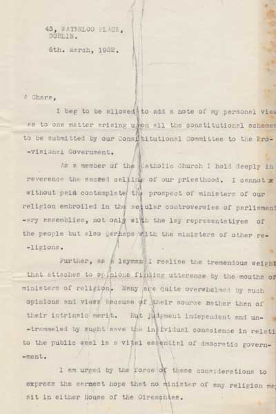 1922 (6 March) draft letter to Michael Collins as Chairman of the Constitutional Committee, Shelbourne Hotel from Hugh Kennedy" at Whyte's Auctions