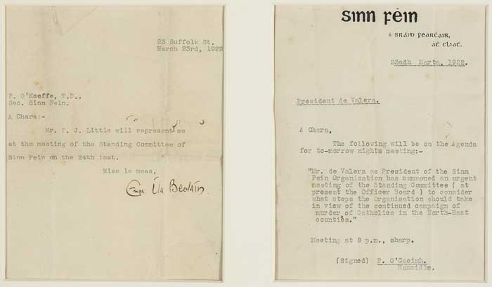 1922 (23 March) Harry Boland (1887-1922) letter to P. OKeeffe TD, Secretary of Sinn Fin, also Notice of a Meeting Summoned by Sinn Fin President, Eamonn de Valera" at Whyte's Auctions