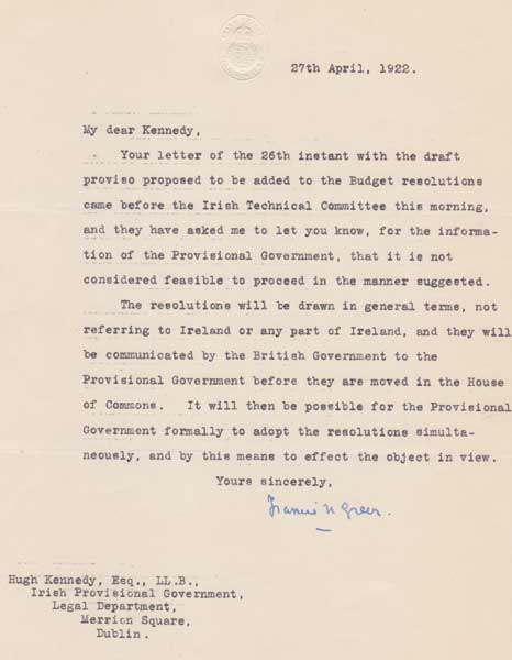 1922 (27 April) Sir Francis Nugent Greer to Hugh Kennedy, Attorney General to The Provisional Government - an important letter" at Whyte's Auctions