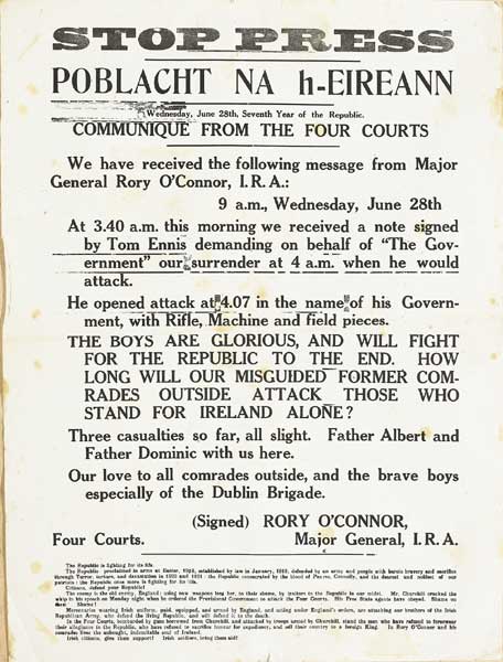 1922 (28 June) Communiqu from The Four Courts by Rory OConnor, Major General IRA - The Start of The Civil War" at Whyte's Auctions