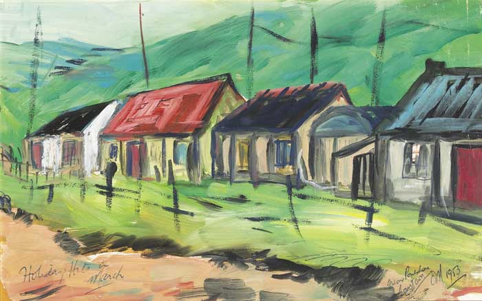 HOLIDAY HUTS IN MARCH NEAR POULSHONE, COURTOWN, COUNTY WEXFORD, 1953 by Tony O'Malley HRHA (1913-2003) at Whyte's Auctions