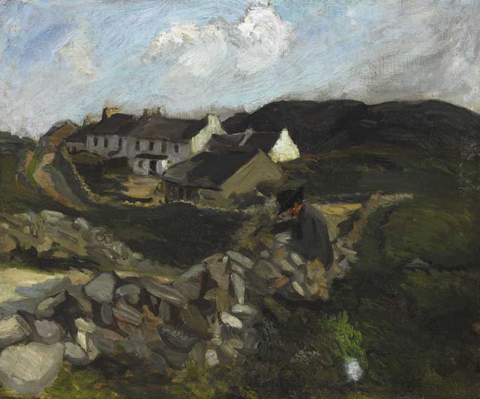 MAN READING ON STONE WALL WITH VILLAGE BEYOND by Estella Frances Solomons HRHA (1882-1968) HRHA (1882-1968) at Whyte's Auctions