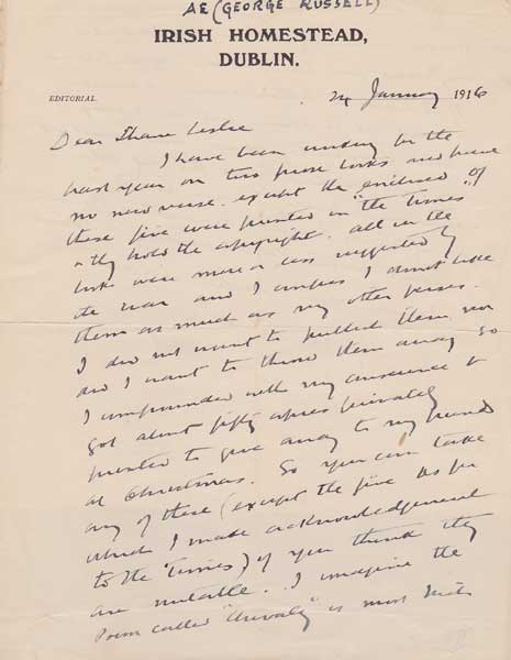 LETTER TO SHANE LESLIE, 24 JANUARY, 1916 at Whyte's Auctions