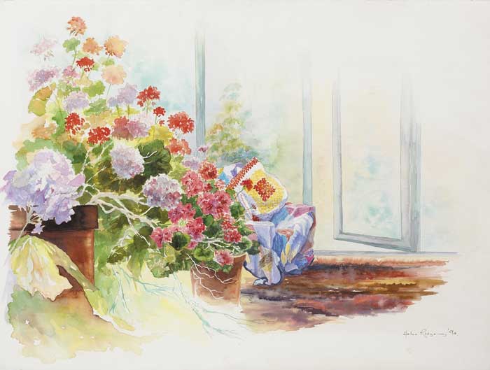 STILL LIFE WITH GERANIUMS, 1990 by Helen Ridgeway  at Whyte's Auctions