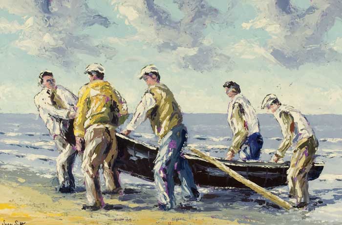 HAULING UP THE CURRACH, INIS MAN, ARAN ISLANDS, COUNTY GALWAY by Ivan Sutton (b.1944) at Whyte's Auctions