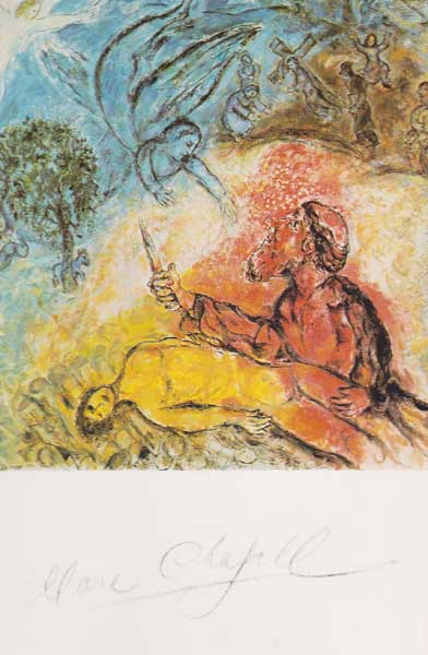 AUTOGRAPHED POSTCARD OF CHAGALL'S, MESSAGE BIBLIQUE, NO. 7 LE SACRIFICE D'ISSAC by Marc Chagall (Russian-French, 1887-1985) at Whyte's Auctions