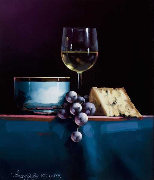 STILL LIFE WITH CHEESE, WINE AND GRAPES, 2009 by David Ffrench le Roy (b.1971) (b.1971) at Whyte's Auctions