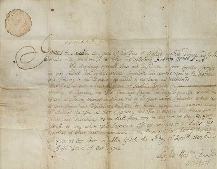Military commission signed by King James II (1663-1701) at Dublin Castle, 4 April 1689 at Whyte's Auctions