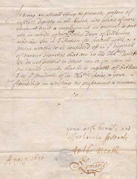 1690 (9 August) Anthony Doppling (Bishop of Meath) and Simon Digby (Bishop of Limerick) letter to Sir Robert Southwell, Secretary of State for Ireland at Whyte's Auctions