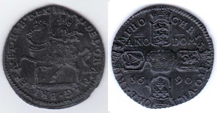 1690 James II Gunmoney crown (five shillings) coin at Whyte's Auctions