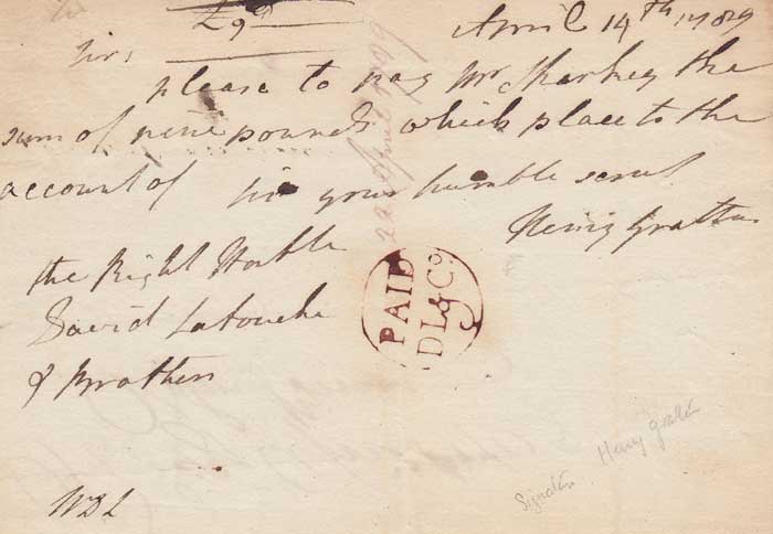 1789 (14 April) Cheque handwritten and signed by Henry Grattan at Whyte's Auctions