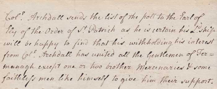 Circa 1790 Handwritten note Colonel Archdall The Earl of Ely concerning the results of an election in Fermanagh at Whyte's Auctions