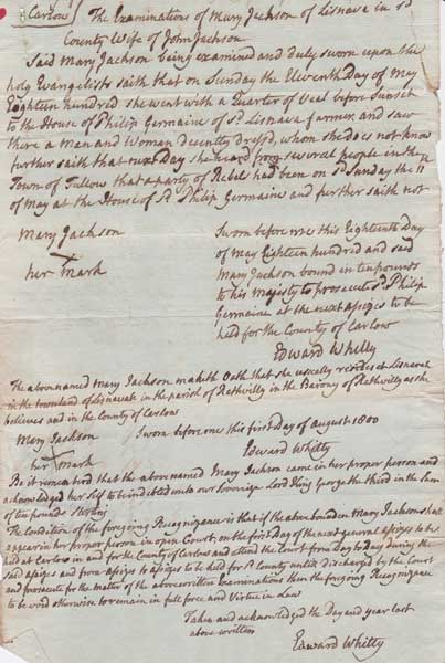 1800 (1 August) Informant's sworn statement reporting rebels at a neighbour's house at Whyte's Auctions