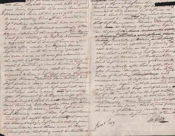 1833 (18 June) Informant's statement regarding Patrick Kirwan, "leader of the Whitefeet" at Whyte's Auctions