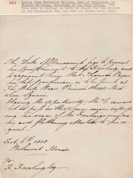 1813 (6 February) Frederick William, Duke of Brunswick, letter to Francis Freeling, Postmaster General at Whyte's Auctions