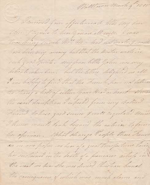 1815 (9 March) handwritten letter Elizabeth Hogan, Milltown, Dublin to Ann Cullinane, Bordeaux, referring to Napoleon's escape from Elba at Whyte's Auctions