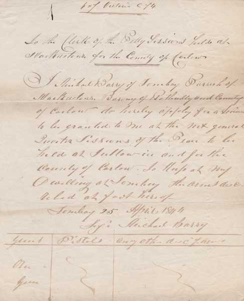 1844 Gun Licence Application by Michael Barry, Rathvilly, grandfather of Kevin Barry (1902-1920) at Whyte's Auctions