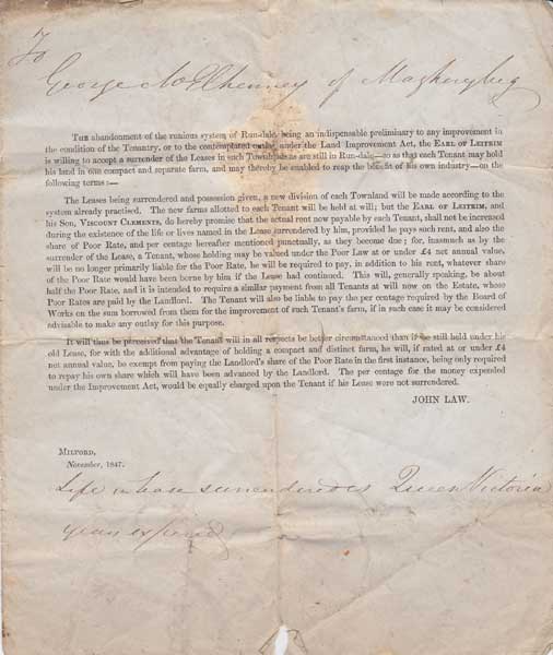 1847. Famine period letter from the Earl of Leitrim's agent to a tenant at Magherybeg at Whyte's Auctions