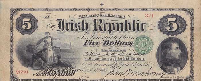 1865-67. Fenian Rising. The Irish Republic Five Dollars bond at Whyte's Auctions