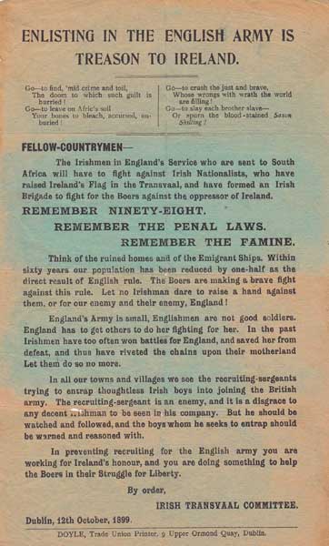 1899. Pro-Boer Leaflet- "Enlisting in the English Army is Treason to Ireland" at Whyte's Auctions