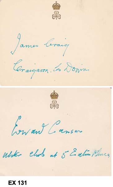 1912 (28 September) Ulster Government cards signed by leaders - Carson, Craig, Londonderry etc. at Whyte's Auctions