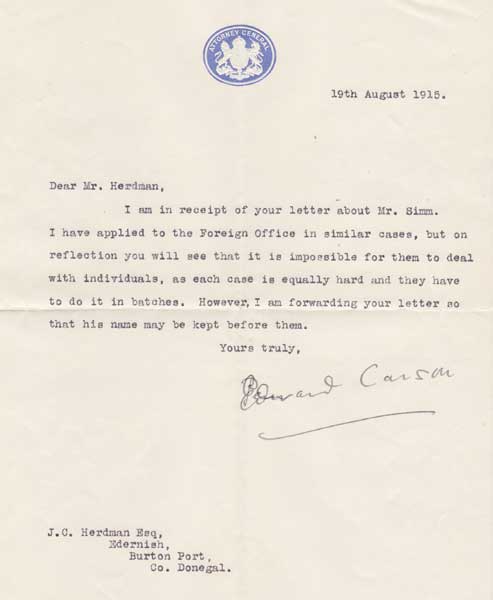 1915 (19 August) Edward Carson, Attorney General letter at Whyte's Auctions