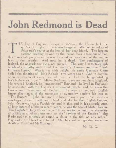 The Truth About '98 by John Redmond, booklet, and John Redmond is Dead by "M. Ni. G" handbill at Whyte's Auctions