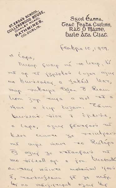 1909 (10 February) handwritten letter by Padraig Pearse at Sgcoil Eanna, Rathmines at Whyte's Auctions
