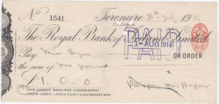 1914 (28 July) Padraig Pearse handwritten and signed cheque at Whyte's Auctions