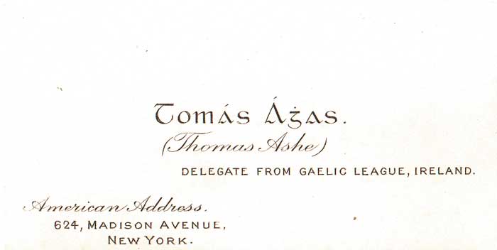 1914 Thomas Ashe "Delegate From Gaelic League, Ireland" visiting card at Whyte's Auctions