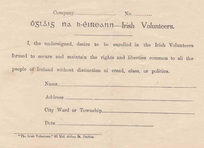Circa 1914. Irish Volunteers - Application to enrol form at Whyte's Auctions