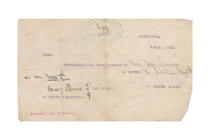 1916 (4 May) Easter Rising - a British Army travel permit at Whyte's Auctions