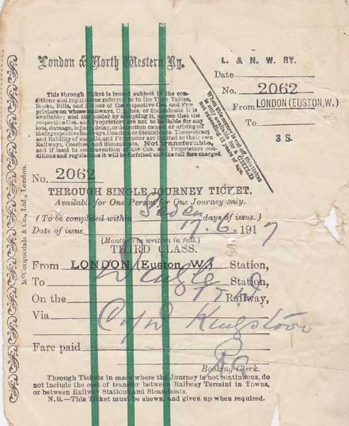 1917 (17 June) Thomas Ashe's ticket given to him on his release, London Euston to Kingstown (Dun Laoghaire) at Whyte's Auctions