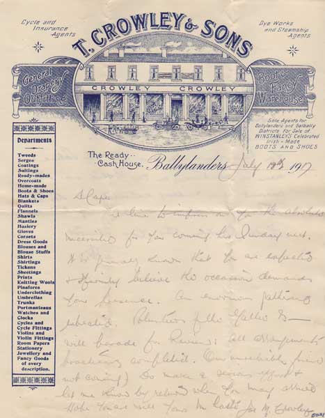 1917 (July 18) Joe Crowley, Ballylanders interesting letter to Thomas Ashe at Whyte's Auctions