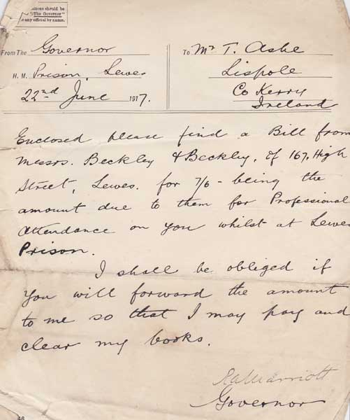 1917 (22 June) Governor of Lewes Prison to Thomas Ashe after his release seeking payment of his dentist's bill! at Whyte's Auctions