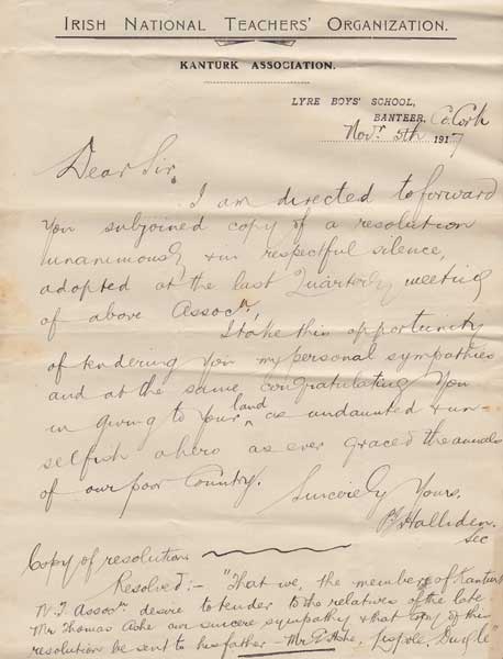 1917 (October-December) letters of sympathy to Nora Ashe on the death of Thomas Ashe in Mountjoy Jail at Whyte's Auctions