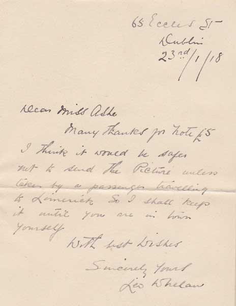 1918 (23 January) letter to Nora Ashe from Leo Whelan RHA, artist, concerning Thomas Ashe's portrait at Whyte's Auctions