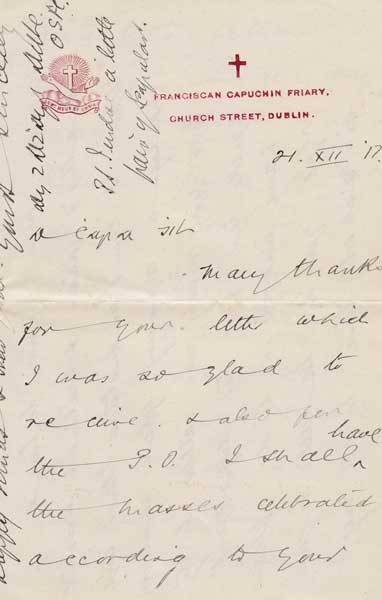 1922 (21 December) letter from Father Albert to Nora Ashe at Whyte's Auctions