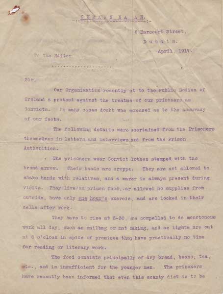 1917 (April) Cumann na mBan letter concerning Irish prisoners from 1916 Rising at Whyte's Auctions