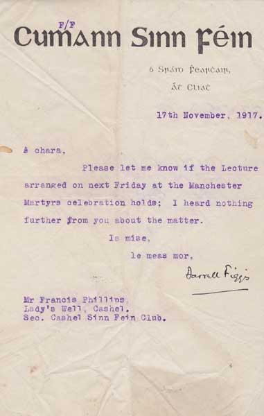 1917 (17 November) Darell Figgis, Sinn Fin letter to Francis Phillips at Whyte's Auctions