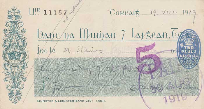 1919 (19 August) Cheque handwritten and signed by Terence MacSwiney to Michael Staines at Whyte's Auctions