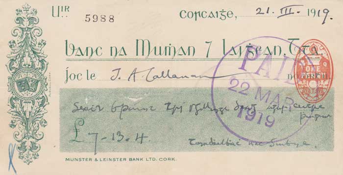 1919 (21 March) Terence MacSwiney signature on a cheque at Whyte's Auctions
