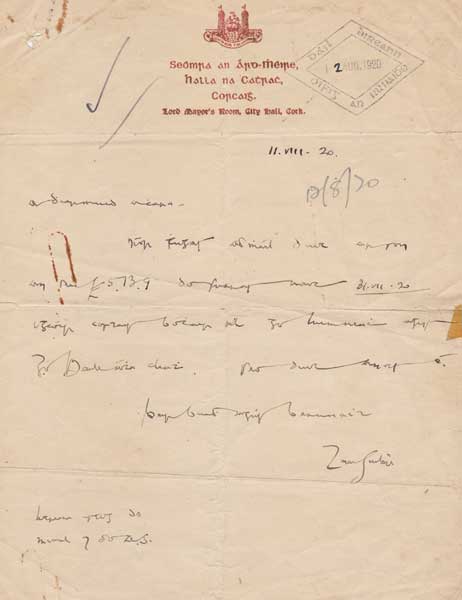 1920 (11 August) letter handwritten by Terence MacSwiney to Secretary of Dil ireann at Whyte's Auctions