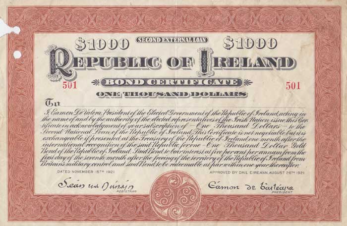 1921 (15 November) Republic of Ireland Bond Certificate authorised by Eamon de Valera - rare $1,000 denomination at Whyte's Auctions