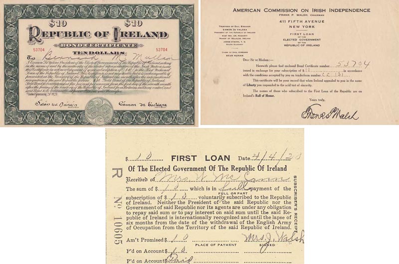1920 (21 January) De Valera Bond. Republic of Ireland Ten Dollars, with American Commission on Irish Independence letter and Receipt and scarce thus. at Whyte's Auctions